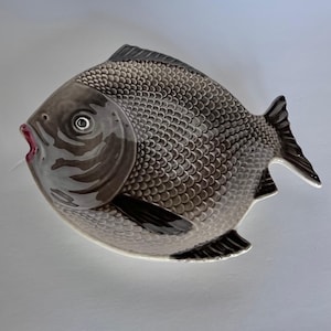 Vintage Ceramic Fish Plate Made in Portugal Gray Glazed Coastal Serving Dish Decorative Ocean Style Appetizer Tray
