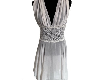 Vintage Victoria's Secret Sheer Slip Dress, White Lace Lingerie, Asymmetrical Skirt