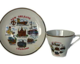 New Orleans Teacup and Saucer, Collectible Teacup and Saucer, Souvenir Teacup and Saucer, Ceramic Teacup and Saucer