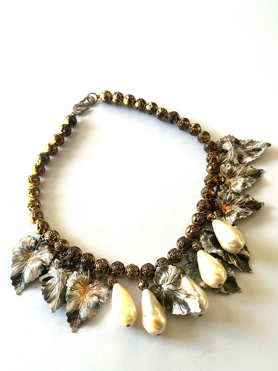 Vintage Pearl Leaf Necklace, Pearl Choker, Pearl … - image 5