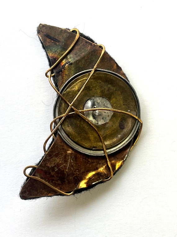 Vintage Brutalist Brooch, Metal Crescent Moon, Wir