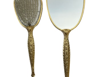 Juego de cepillo y espejo vintage metálico dorado, tocador vintage, cepillo y espejo vintage, decoración floral, decoración de pájaros, cepillo floral vintage