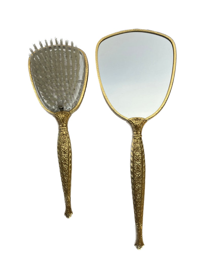 Vintage Gold Metallic Hairbrush and Mirror Set, Vintage Vanity Set, Vintage Brush and Mirror, Floral Decor, Bird Decor, Vintage Floral Brush image 1