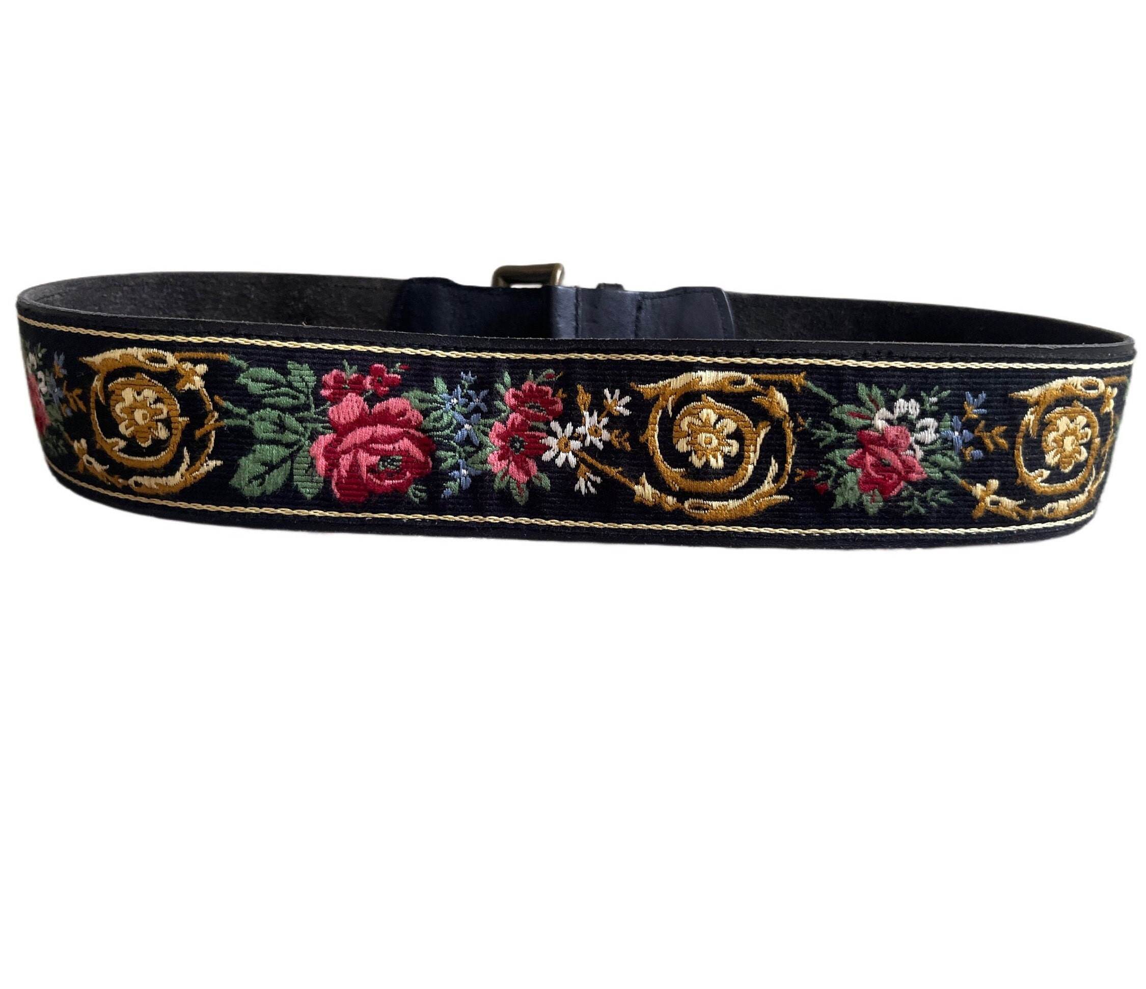 Laura Ashley Genuine Leather Belt Vintage Laura Ashley Needlepoint Floral Belt, Black Wool  main image 4