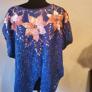 Sequins Top, Vintage Top, Blue Sequins Top, 80&#39;s silk Top, Floral Sequins Top