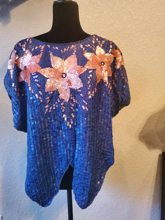 Sequins Top, Vintage Top, Blue Sequins Top, 80's s