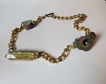 Gold tone chain belt or necklace with titanium rainbow quartz, citrine crystal and rainbow aura geode by Amanda Alarcon-Hunter