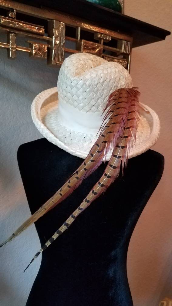 Vintage Woven Cream Hat With Pheasant Feathers, 1960s-70s 