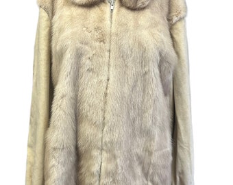 Vintage Cream Mink Fur Bomber Jacket, Embroidered Satin Lined Coat