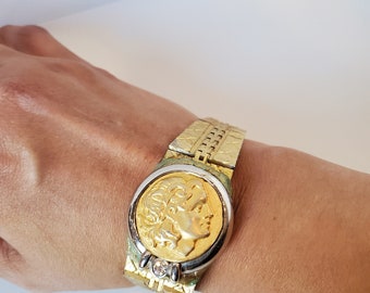Gold Coin Bracelet, Watch Bracelet, Greek Coin Bracelet, Serpentine Custom Bracelet, Designer Bracelet, Designs by Amanda Alarcon-Hunter