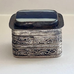 Vintage Silver and Glass Box, Blue Glass Box, Small Box, Collectors Box, Embossed Box, Ring Box, Jewelry Box, Made in Beijing China, OOAK