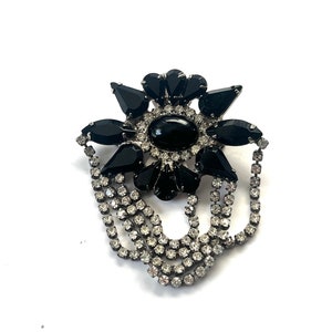 Vintage Rhinestone Brooch, Black Rhinestone Brooch, Silver Brooch, Rhinestone Brooch, Brooch with Chain, Vintage Pin, Rhinestone Pin image 1