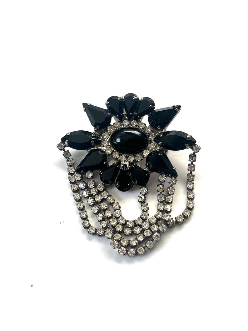 Vintage Rhinestone Brooch, Black Rhinestone Brooch, Silver Brooch, Rhinestone Brooch, Brooch with Chain, Vintage Pin, Rhinestone Pin image 1