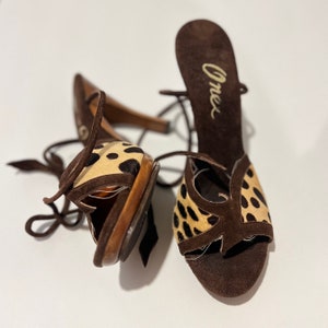 ONEX Vintage Suede Heels, Wood Heels, Cheetah Print Heels, Strappy Heels, Y2K Heels, Brown Pumps, Suede Pumps, Wooden Pumps, 60s Retro Pumps image 2