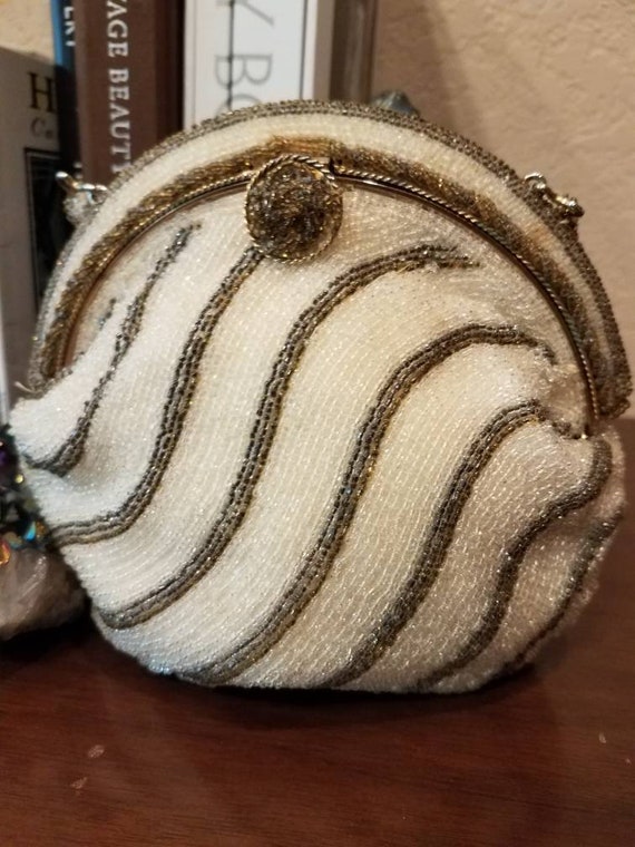 Beaded vintage handbag cream and tan ,1940's - image 9