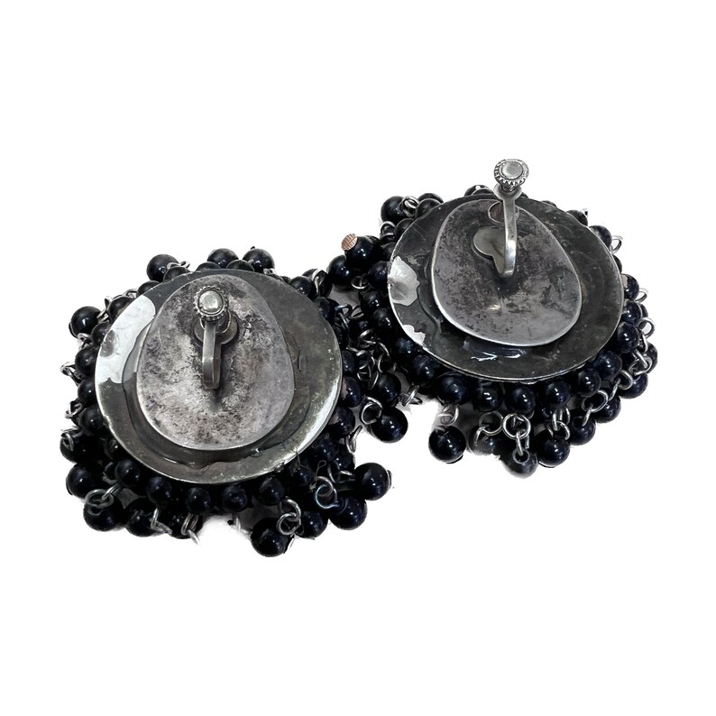 Vintage Black Beaded Clip On Earrings, Retro Black Bead Earrings, Beaded Rhinestone Earrings, Black Bead Screw Backs, Vintage Earrings image 10