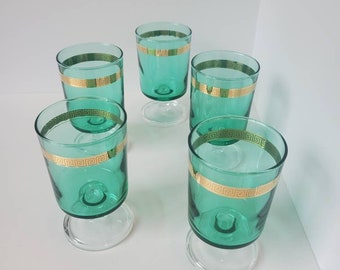 Greek Key Vintage Port Glasses, Teal Galsses, Small Glasses,  1970's Retro Barware, Vintage Glasses, Port Barware, Short Stem Glasses