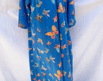 Blue Butterfly Dress, Maxi Dress, Bug Dress, Insect Robe, Vintage Robe, Vintage Dress, Lingerie, Blue Dress, Vintage Butterfly Print Dress