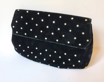 LOU ASH Vintage Black Velvet Purse, 50s Evening Bag, Monogrammed Purse, Three Piece Set, Black and Rhinestone Clutch, Holiday Evening Purse