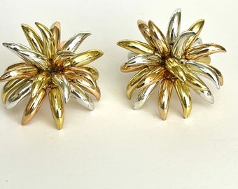 Vintage Starburst Earrings, Golden Flower Earrings, Clip-On Earrings, Gold and Silver Earrings, 80s Cip Earrings, New Year Eve Earrings