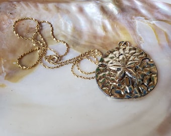 Sand dollar necklace, gold tone necklace, pendant with vintage chain, 1990's vintage necklace