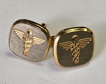 Vintage Caduceus Cufflinks, Brushed Silver & Gold, Gift for Doctor
