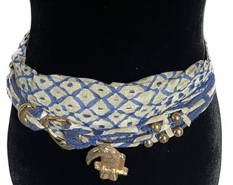 Vintage Tropical Wrap Belt, Blue Geometrical Pattern Belt, Wide Fabric Belt, Vintage Gold Bird and Bead Belt, Statement Belt, Pirate Belt