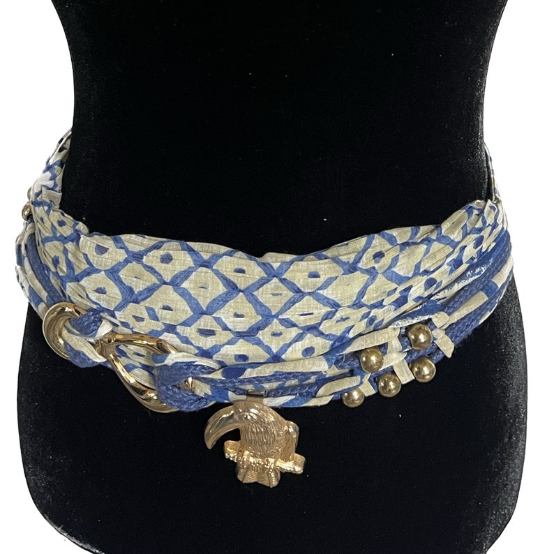 Vintage Tropical Wrap Belt, Blue Geometrical Pattern Belt, Wide Fabric Belt, Vintage Gold Bird and Bead Belt, Statement Belt, Pirate Belt image 1