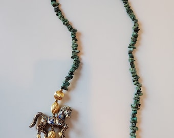 Vintage Turquoise Necklace, Cloisonne Horse, Vintage Horse Pendant, Collectors Necklace, Gold Filled, Cloisonne