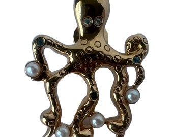 AVON Octopus Brooch, Nautical Octopus Pin, Gold Octopus Pin, Sealife Pin, Pearl and Rhinestone Octopus Pin, Ocean Life Pin, Octopus Hat Pin