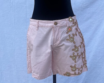Pink Shorts, Floral Applique Print, Mirrored Shorts, Redesigned by Amanda Alarcon Hunter, Upcycled Shorts, Statement Shorts, Designer Shorts