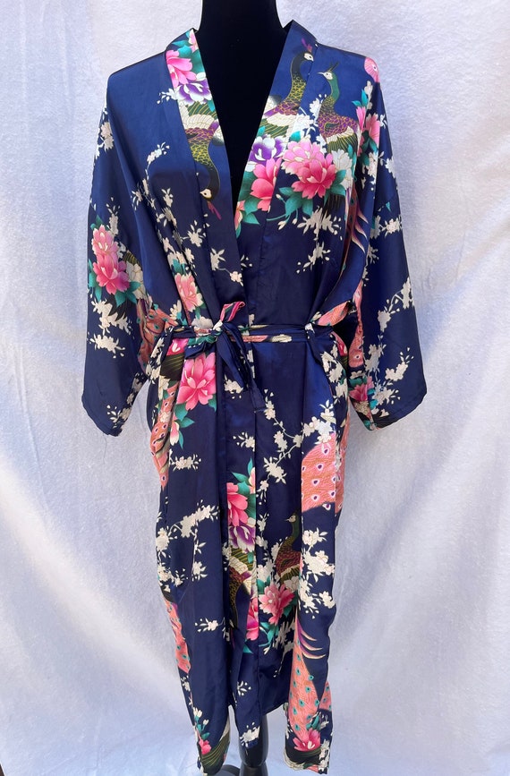 Vintage Floral Robe, Navy Floral Lingerie, Peacock