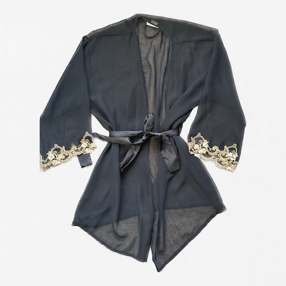 Black Vintage Sheer Robe, Black Robe, Black Lace … - image 1