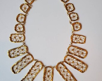 Gold necklace, crochet necklace, bib necklace, modernist necklace, statement necklace, funky necklace, unique necklace, gold tone jewelry