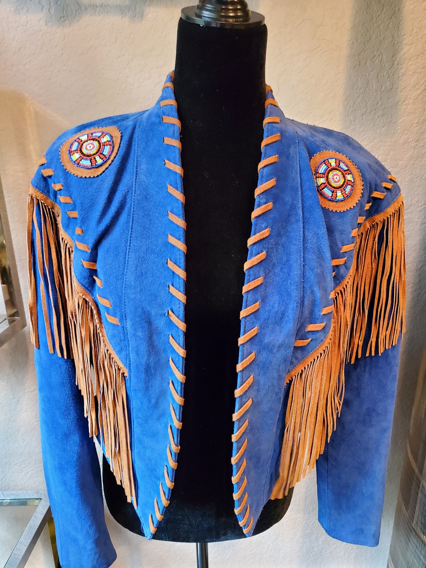 Frontier USA Suede Jacket, Beaded Blue Suede Bolo, Boho Frontier USA Suede Jacket, Beaded Blue Suede Bolo, Boho