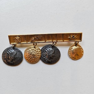 Coin Brooch Gold and SIlver, Coin Dangle Brooch, Coin Pin, Coin Dangle Pin, Vintage Greek Coin Brooch, Vintage Coin Pin, Greek Warrior Pin