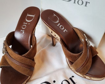 CHRISTIAN DIOR  Vintage love and peace heels, John Galliano Designer mules, Made in Italy, Brown Leather Designer Heels, Wood Designer Heels