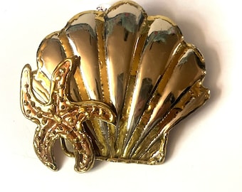 Vintage Mixed Metal Seashell Brooch, Large Shell and Starfish Pin, Vintage Ocean Jewelry, Beach Jewelry, Gold-Toned Marine Brooch, Nautical