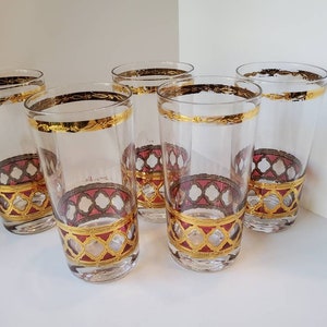 Georges Briard glasses, tall glasses, gold and maroon glasses, set of 5 glasses, 70s glassware, 70s home decor, vintage cups