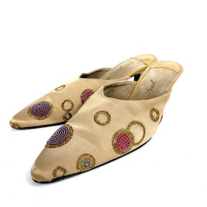 RARE Vintage Evelyn Paul Mules, Made in Paris Heels, French Shoes, Silk Beaded Mules, 90s Designer French Mule Pumps, Size 6 Designer Mules