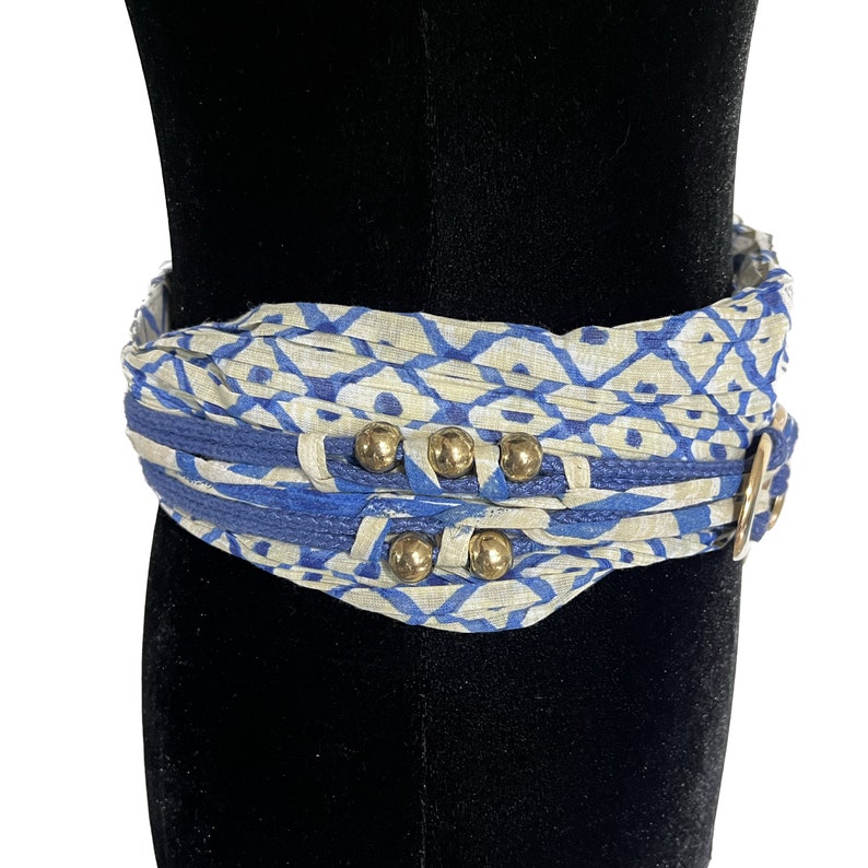 Vintage Tropical Wrap Belt, Blue Geometrical Pattern Belt, Wide Fabric Belt, Vintage Gold Bird and Bead Belt, Statement Belt, Pirate Belt image 3