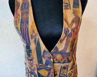 Vintage Vest, Suede Vest, Vest with brown multi egyptian print, 1990's Vest, Patterned Vest, Leather Vest, Retro Vest