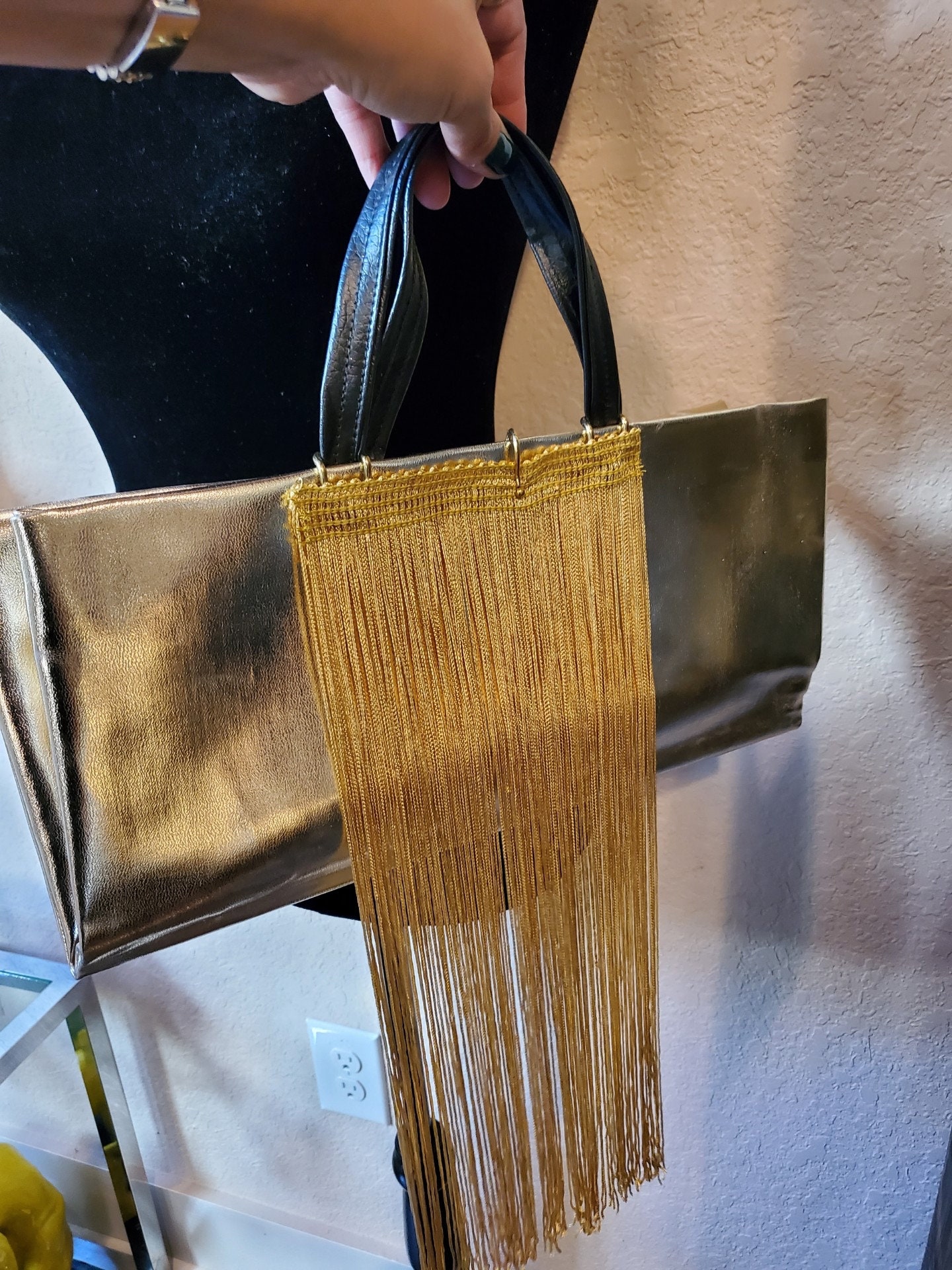 Gold Fringe Bag Designer tote bag clutch by Amanda Alarcon Hunter Designer Purse Gold Tone Bag Redesigned Tote Bag One Of A Kind Purse
