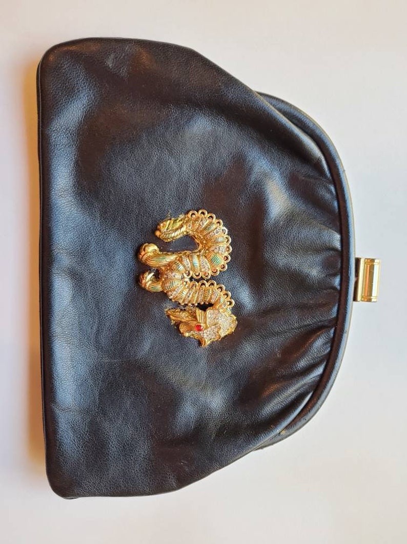 DRAGON Vintage Black Leather Clutch, Gold Dragon Emblem, Designer Purse, Handpainted by Amanda Alarcon-Hunter, Custom Clutch, Leather clutch image 4