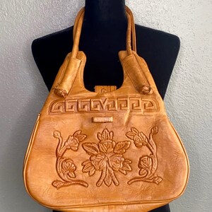 Vintage brown leather purse floral embossed,1960's image 1