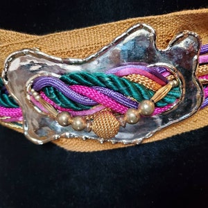 Vintage belt brutalist buckle with brocade ribbon 1970's image 5