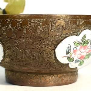 Cloisonne Chinese Jade Belt Hook Mounted Enamel Bowl, Painted Enamel Gilt Bronze Bowl, Vintage China Cup W/ Jade Handle, Collectors Bowl image 4