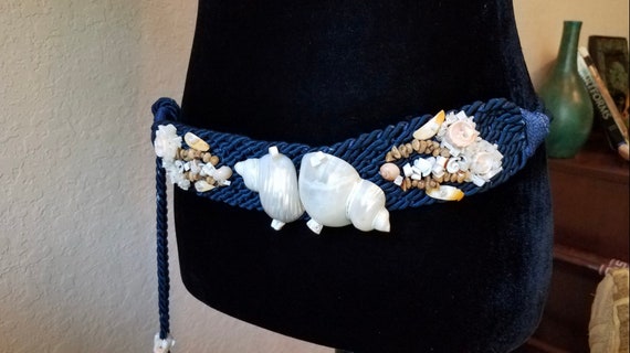 Navy Rope Seashell Belt, Vintage Shell Belt, Naut… - image 1