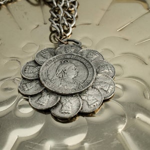 Queen Victoria Regina jubilee silver tone coin necklace by Herald, 1960's image 6