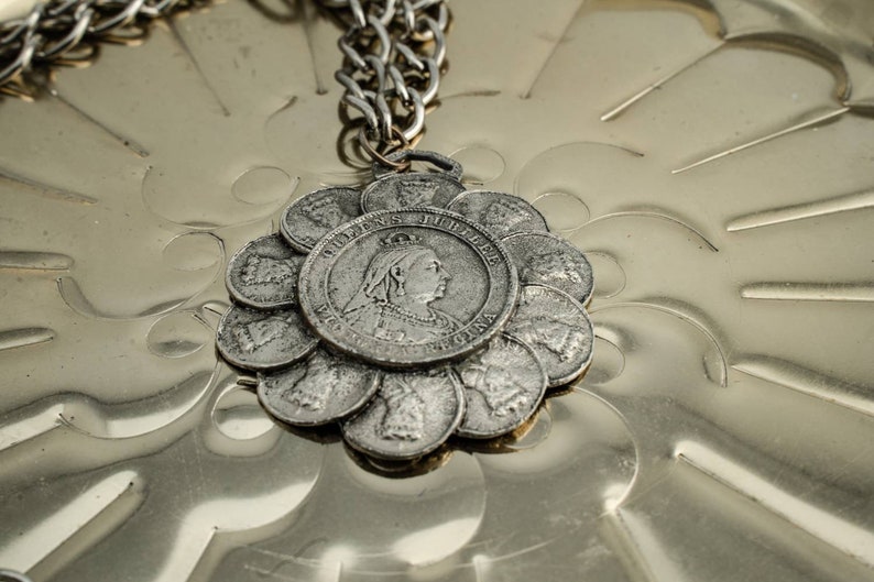 Queen Victoria Regina jubilee silver tone coin necklace by Herald, 1960's image 6